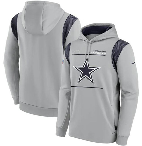 Men's Dallas Cowboys 2021 Gray Sideline Logo Performance Pullover Hoodie - Click Image to Close